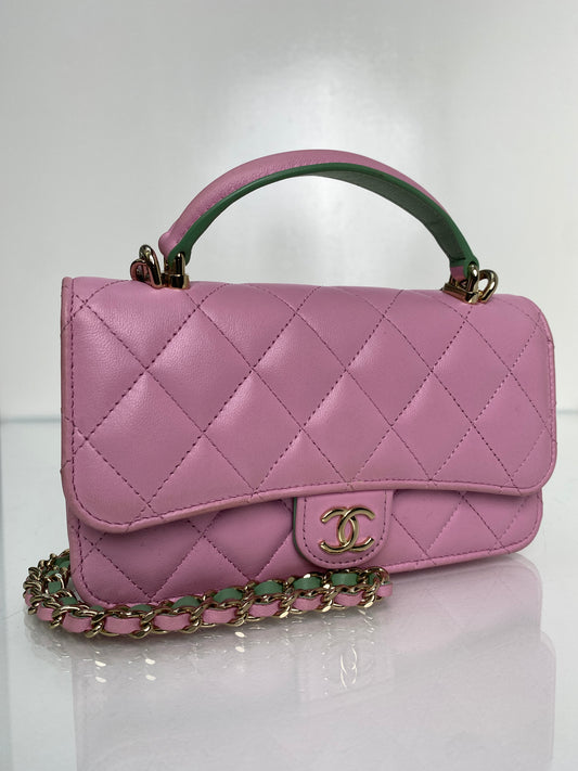 Chanel Pink & Green Top Handle Phone Holder Crossbody Bag GHW