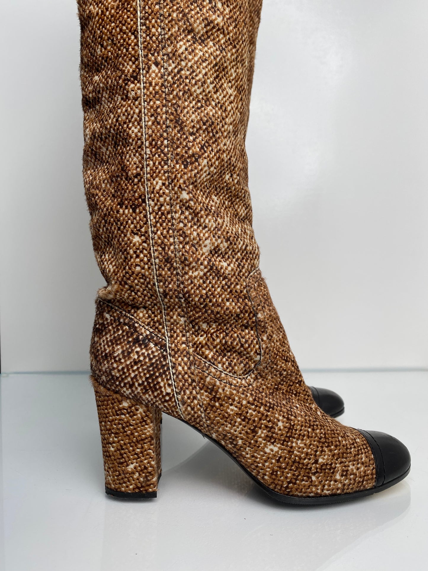 Chanel Brown & White Tweed Thigh High Boots, 41