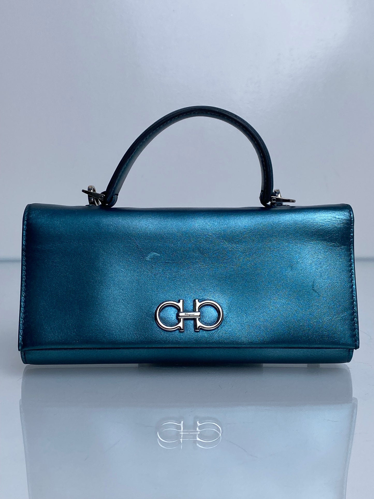 Ferragamo Metallic Teal Tophandle Wallet Crossbody Bag SHW