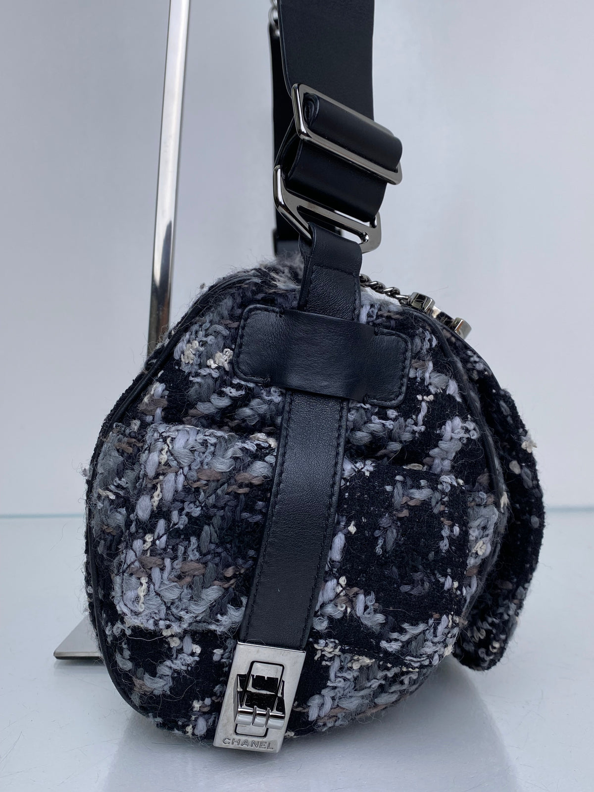 Chanel Black 2.55 Tweed Chain Bowler Bag SHW