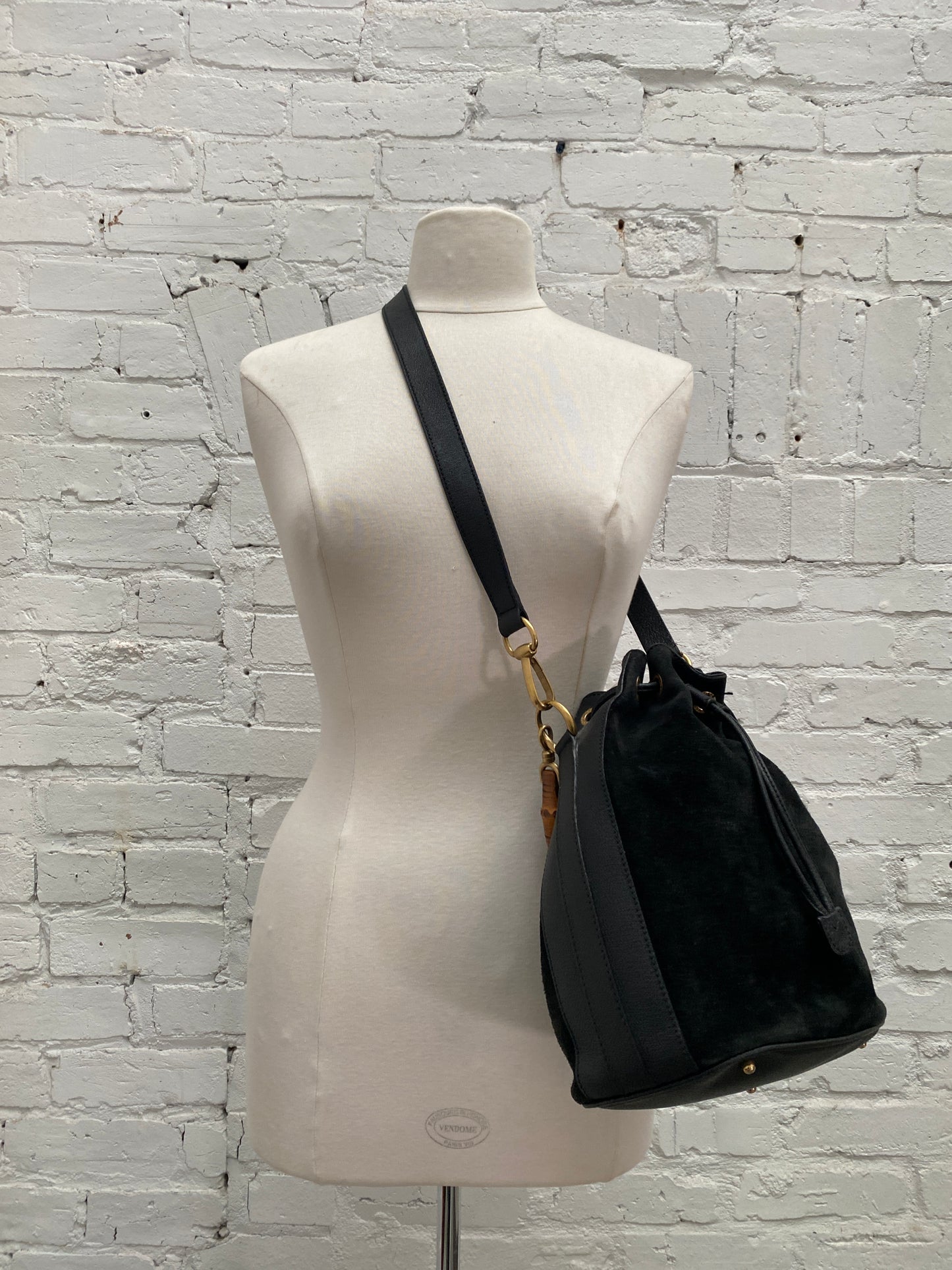 Gucci Vinatge Black Suede Bamboo Bucket Bag GHW