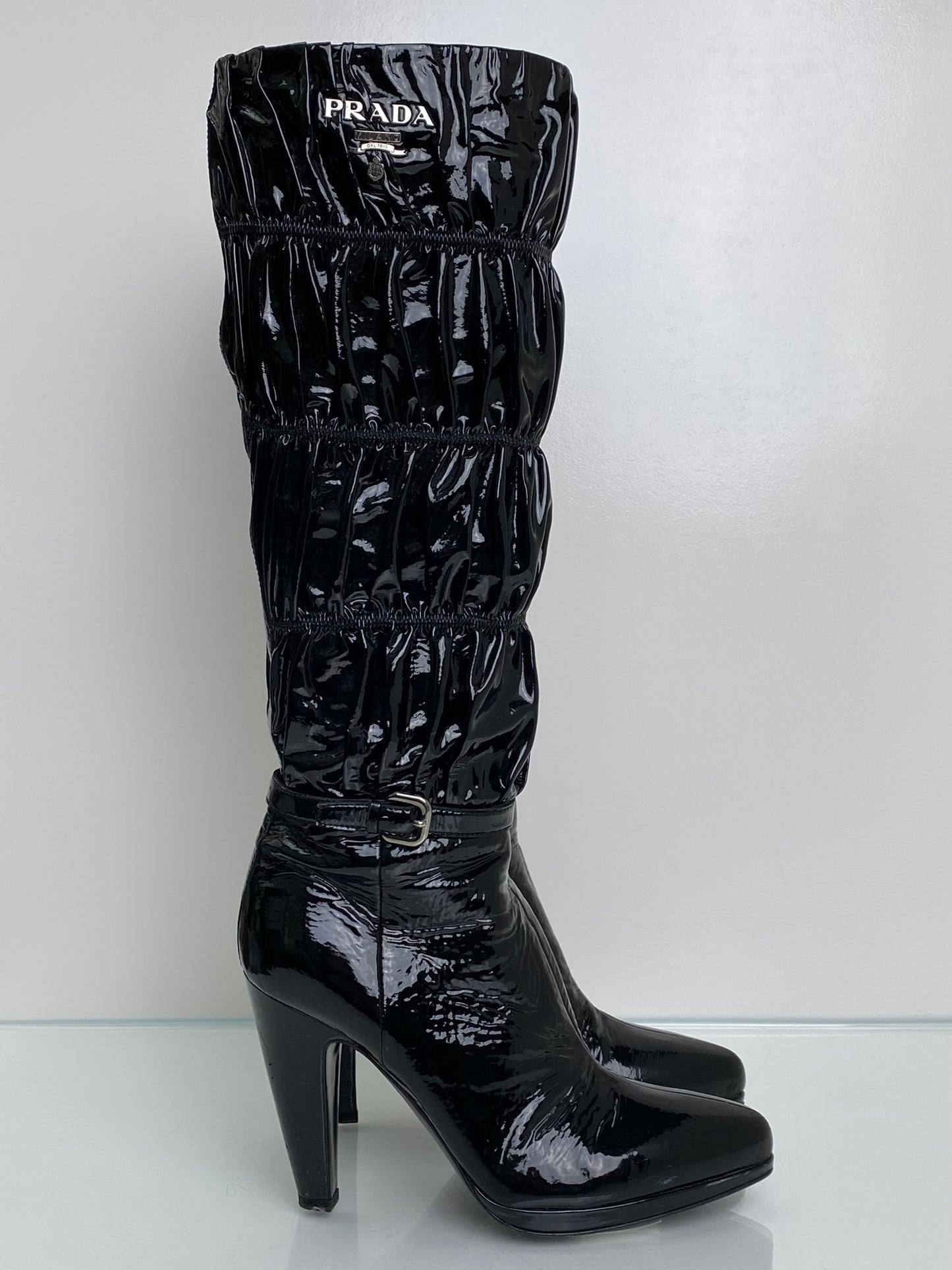 Prada Black Patent Cinched Boots, 37.5