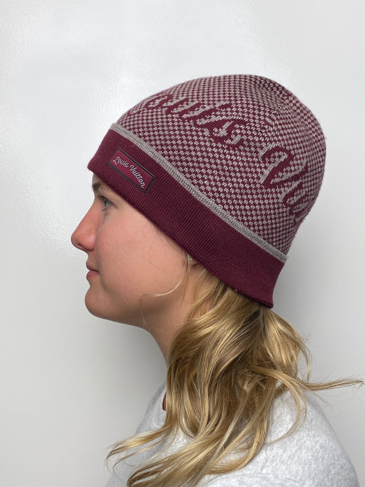 Louis Vuitton Burgundy & Grey Checkered Wool Beanie