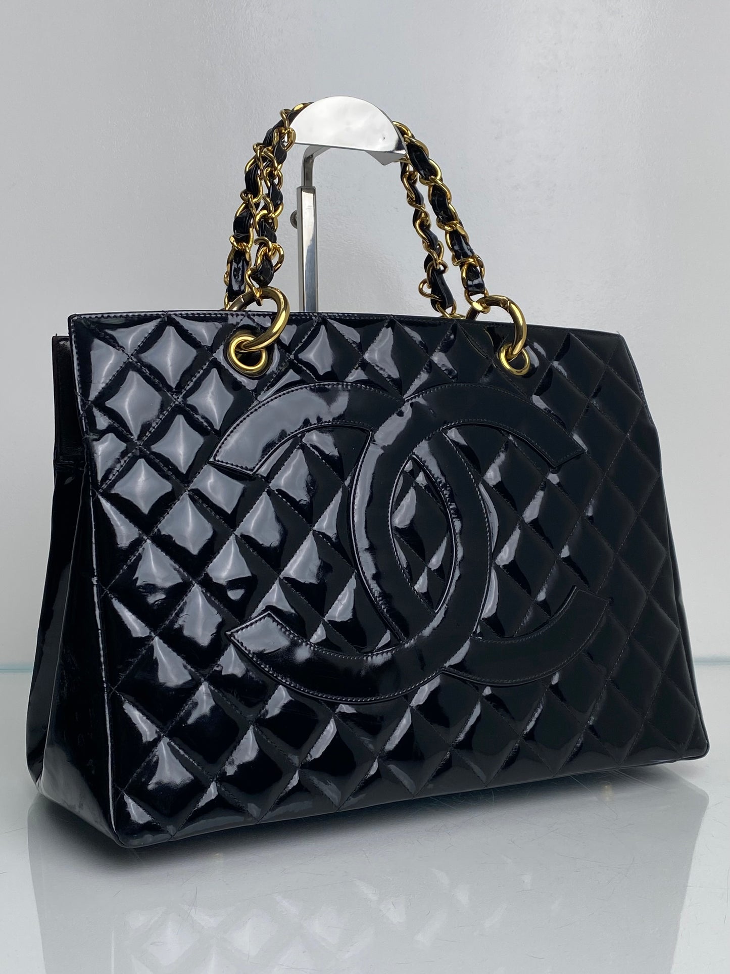 Chanel Vintage Black Patent Quilted Tote Bag GHW