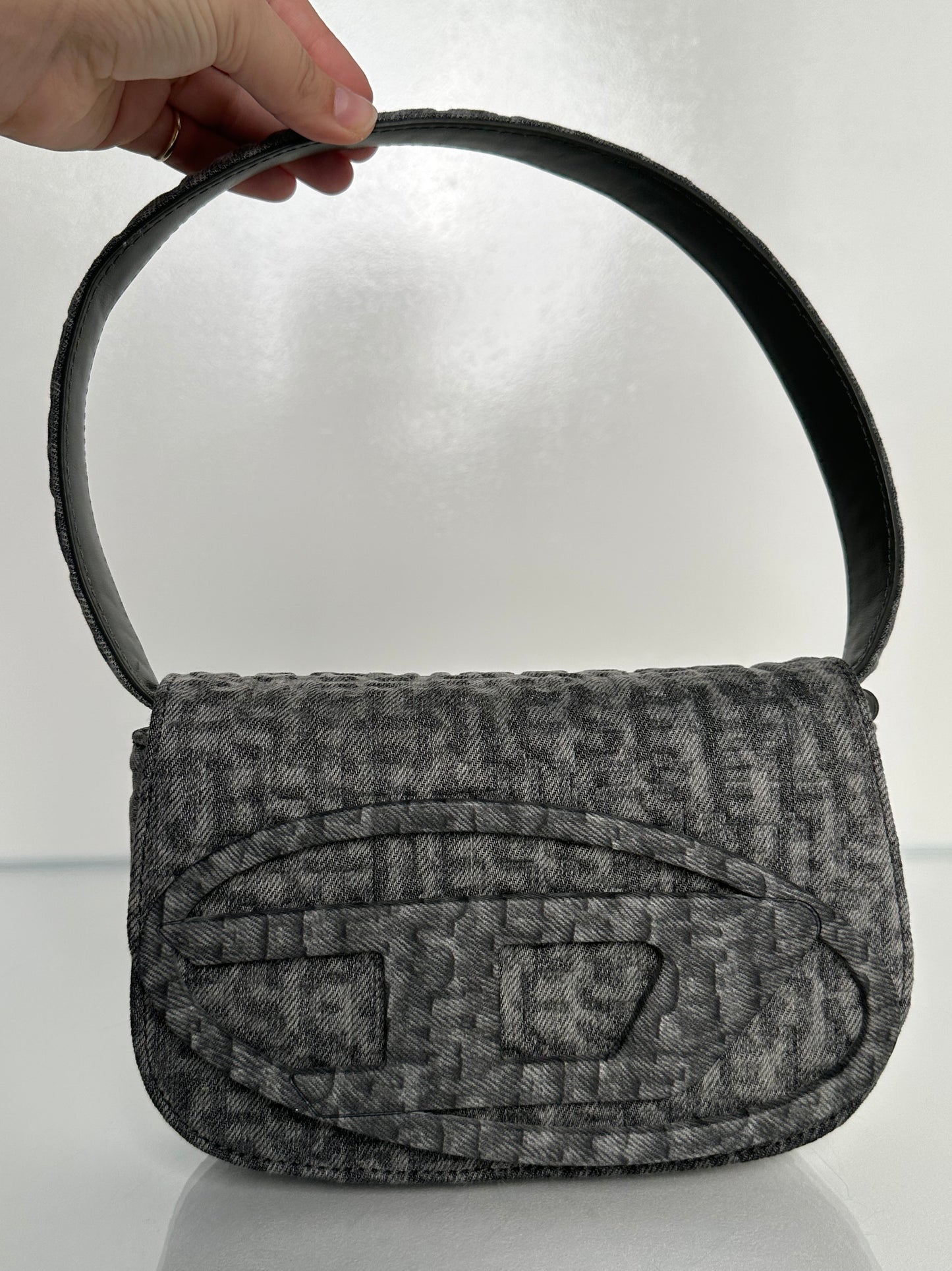 Diesel dark gray denim logo shoulder bag SHW