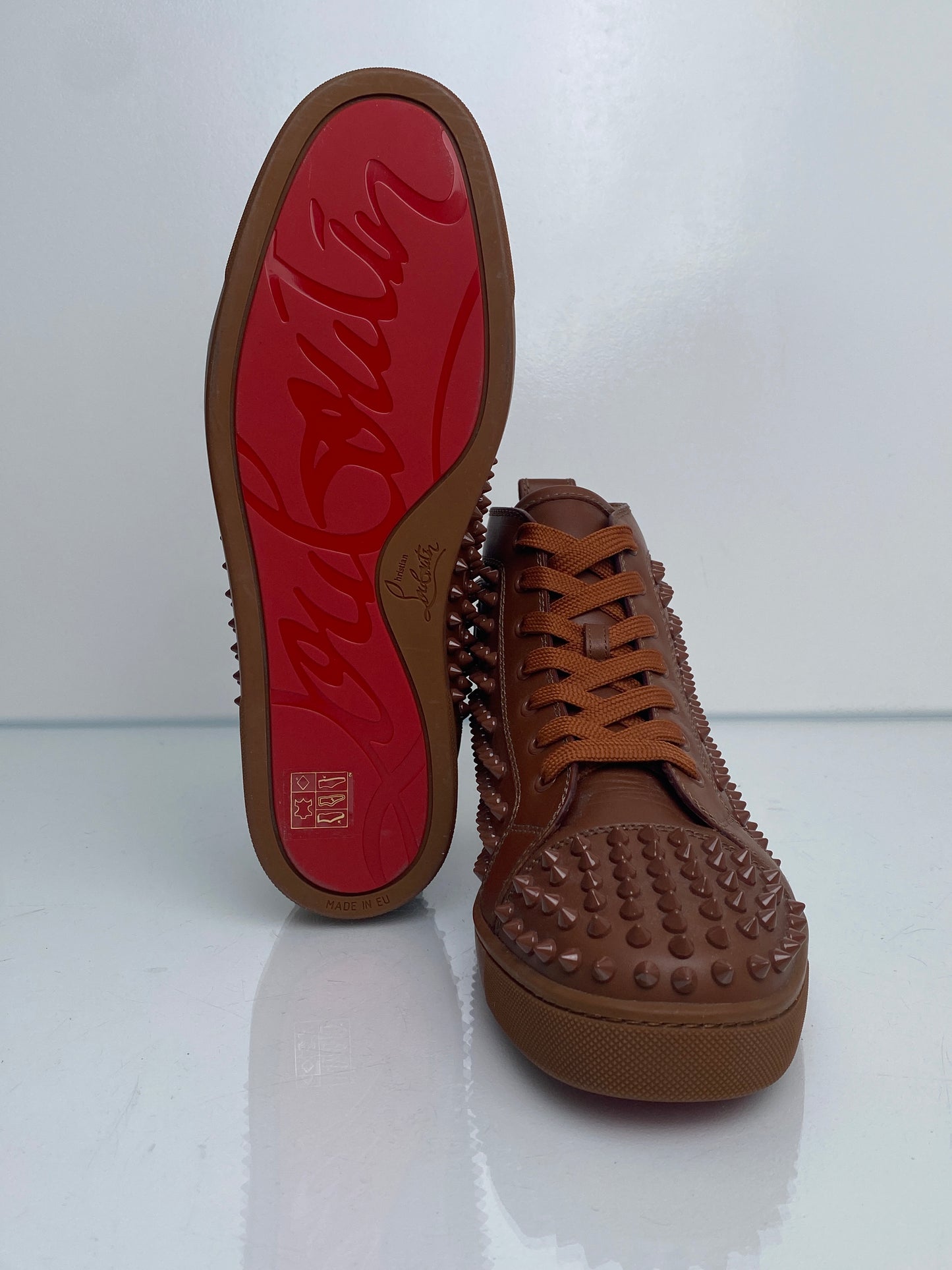 Christian Louboutin Brown Leather Spiked High-Top Sneakers, 43