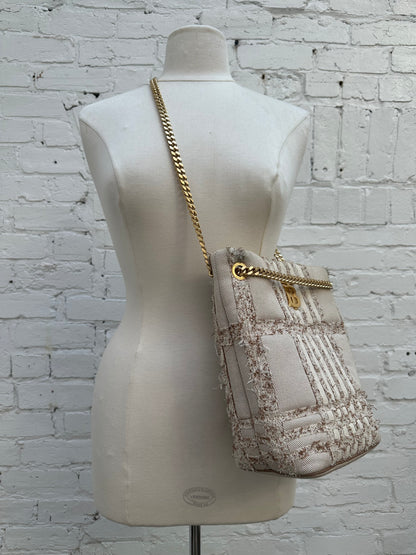 Burberry Tan & Beige Lola Needle Punch Check Canvas Small Bucket Bag GHW
