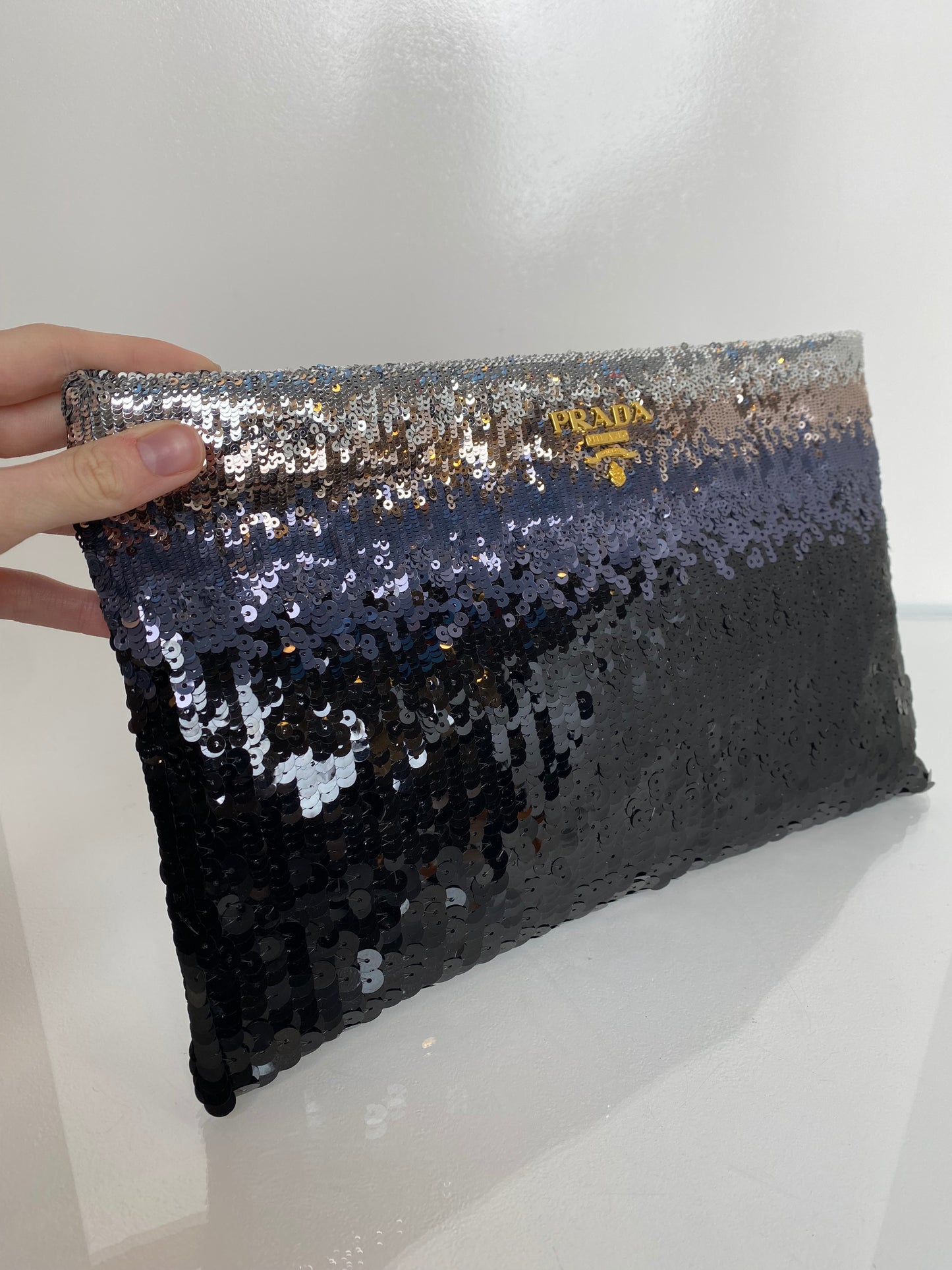Prada Black & Silver Ombré Sequin Clutch GHW