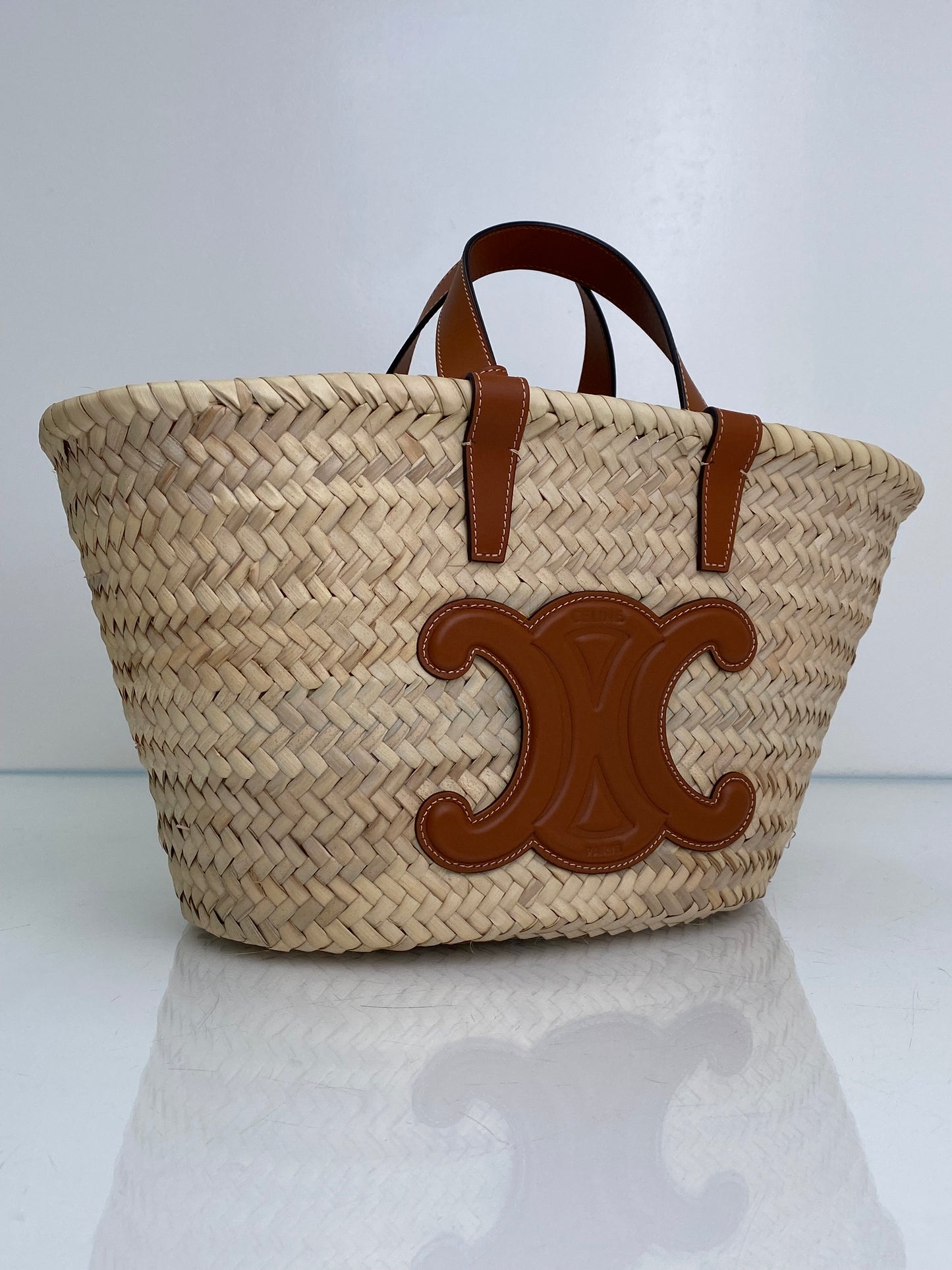 Celine Triomphe Tan & Brown Classic Panier Raffia Basket Bag