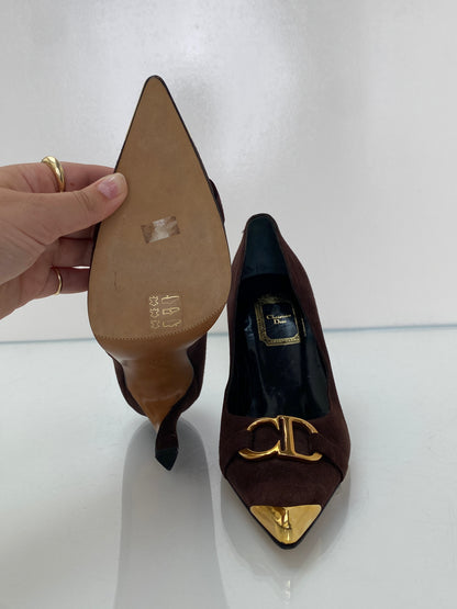 Christian Dior Chocolate Brown Suede CD Logo Twist Heels, 37.5