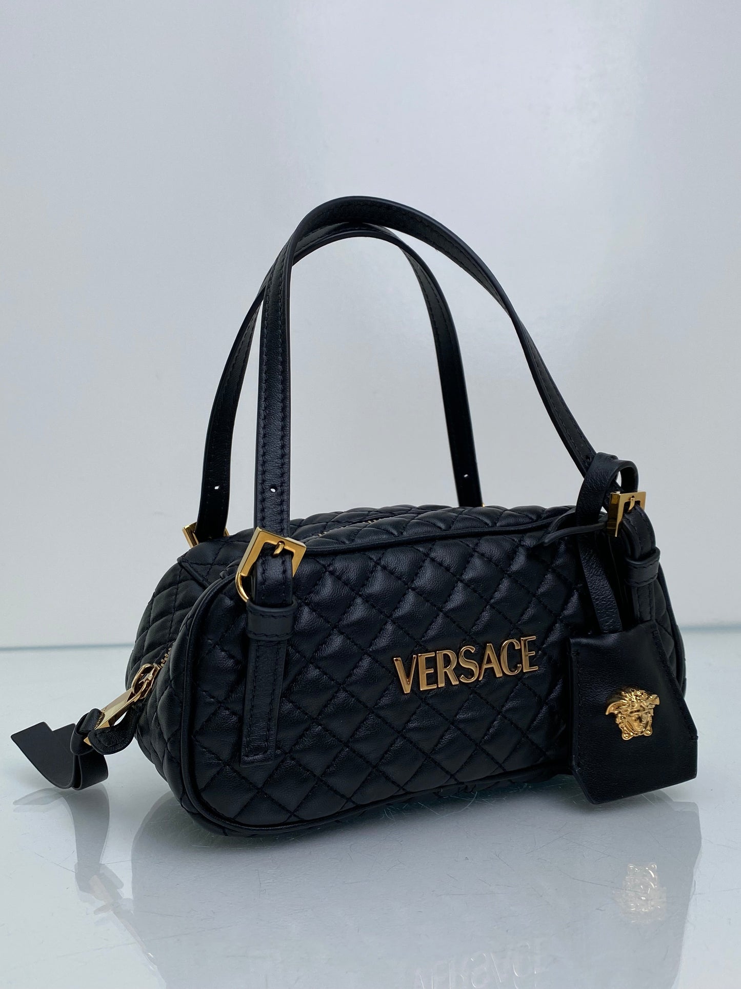 Versace Black Tag Bowling Crossbody Bag GHW