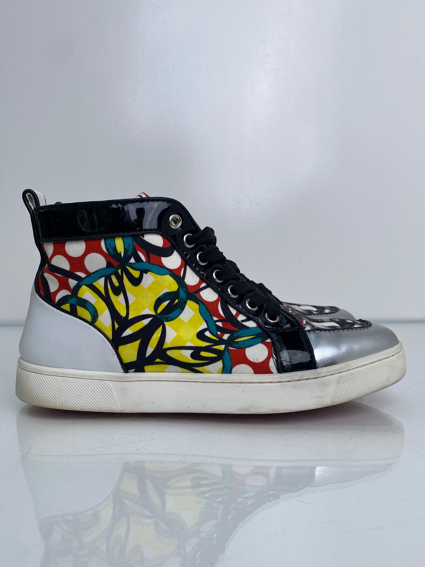 Christian Louboutin Black, Silver, & Multicolor High Top Sneakers, 39