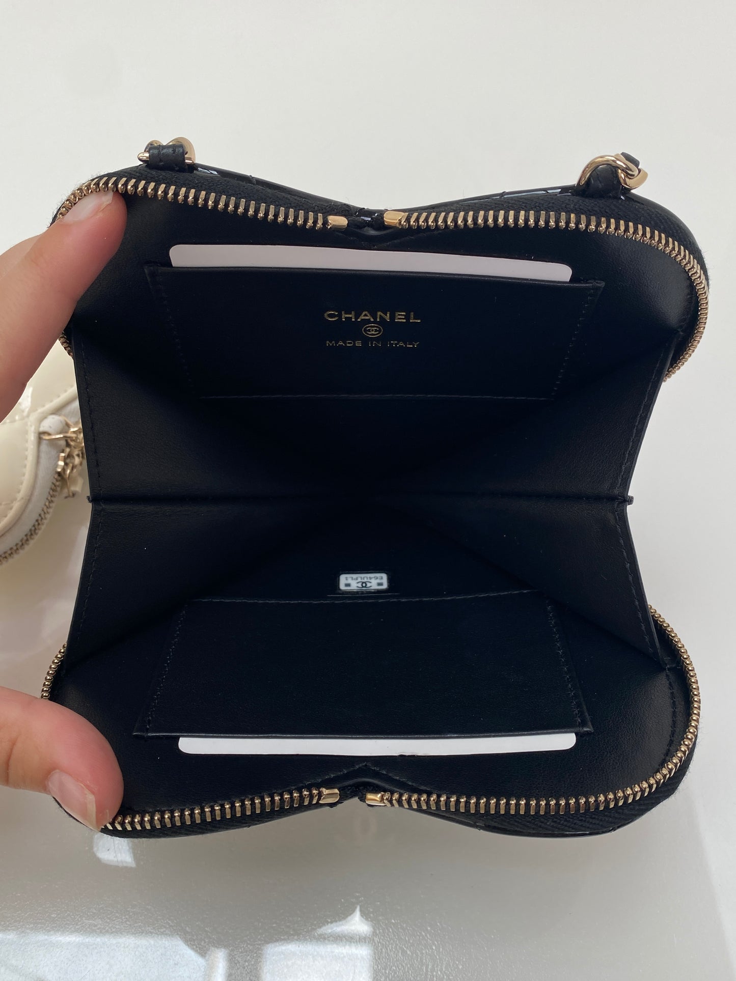 Chanel White & Black Patent Heart Chain Clutches on Chain Bag GHW