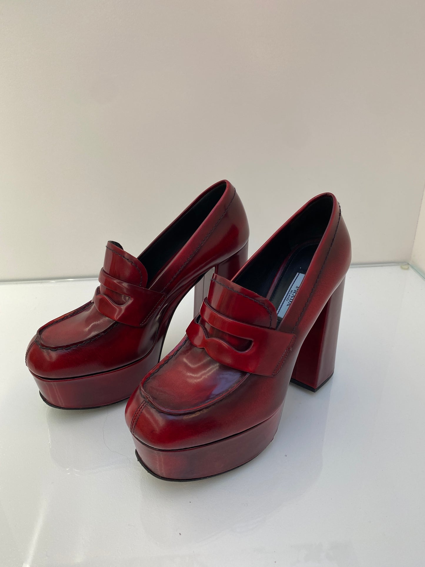 Prada Red Leather Block Heels, 37.5