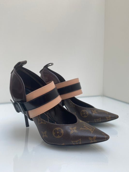 Louis Vuitton Monogram, Plum & Tan Leather Wrap Heels, 37.5