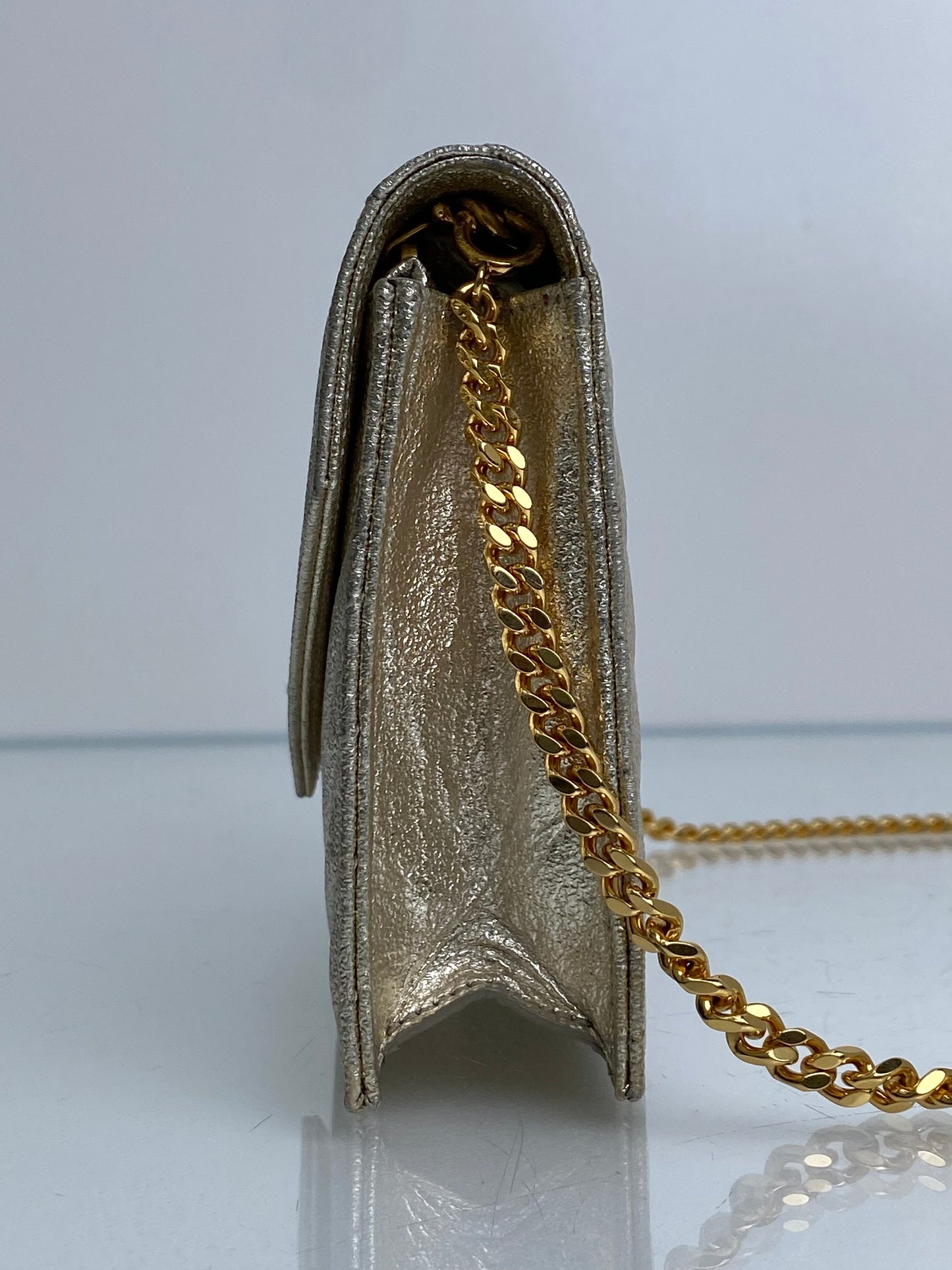 Saint Laurent Cassandra Silver Metallic Chevron Wallet On Chain GHW