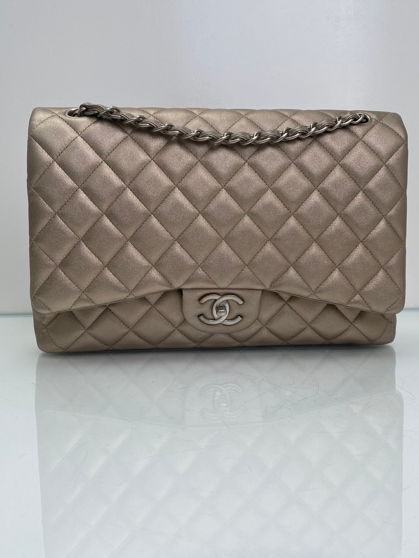 Chanel Single Flap Maxi Lambskin Pewter SHW