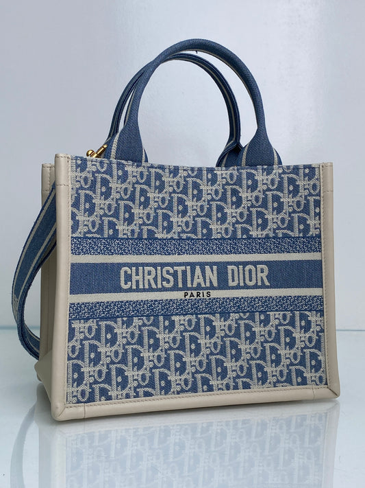 Christian Dior Oblique Chambray Blue Latte Calfskin Small Book Tote GHW
