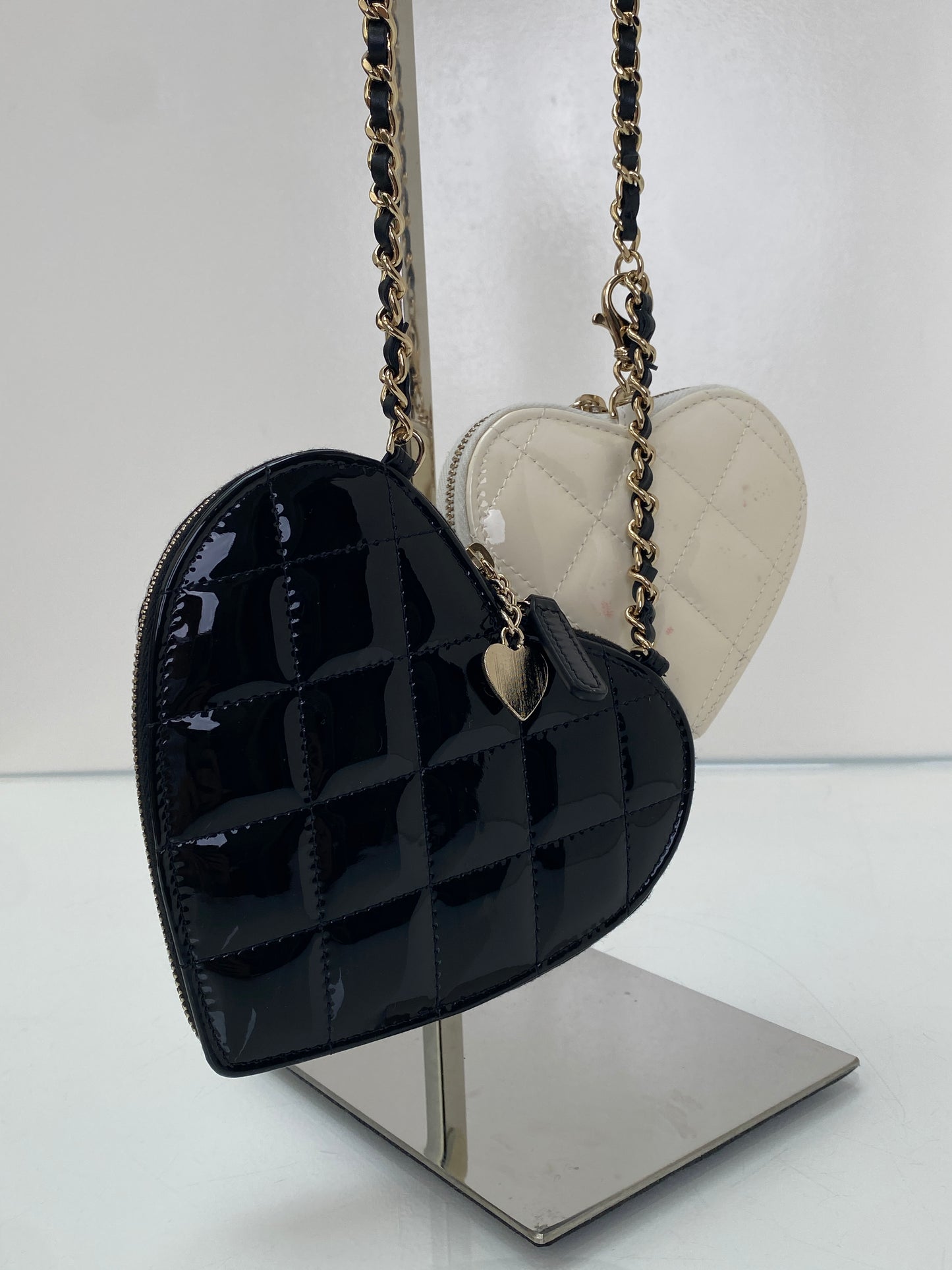Chanel White & Black Patent Heart Chain Clutches on Chain Bag GHW