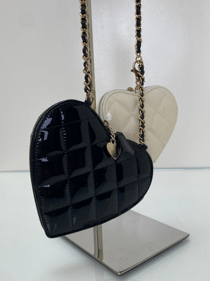 Chanel White & Black Patent Heart Chain Clutches on Chain Bag GHW