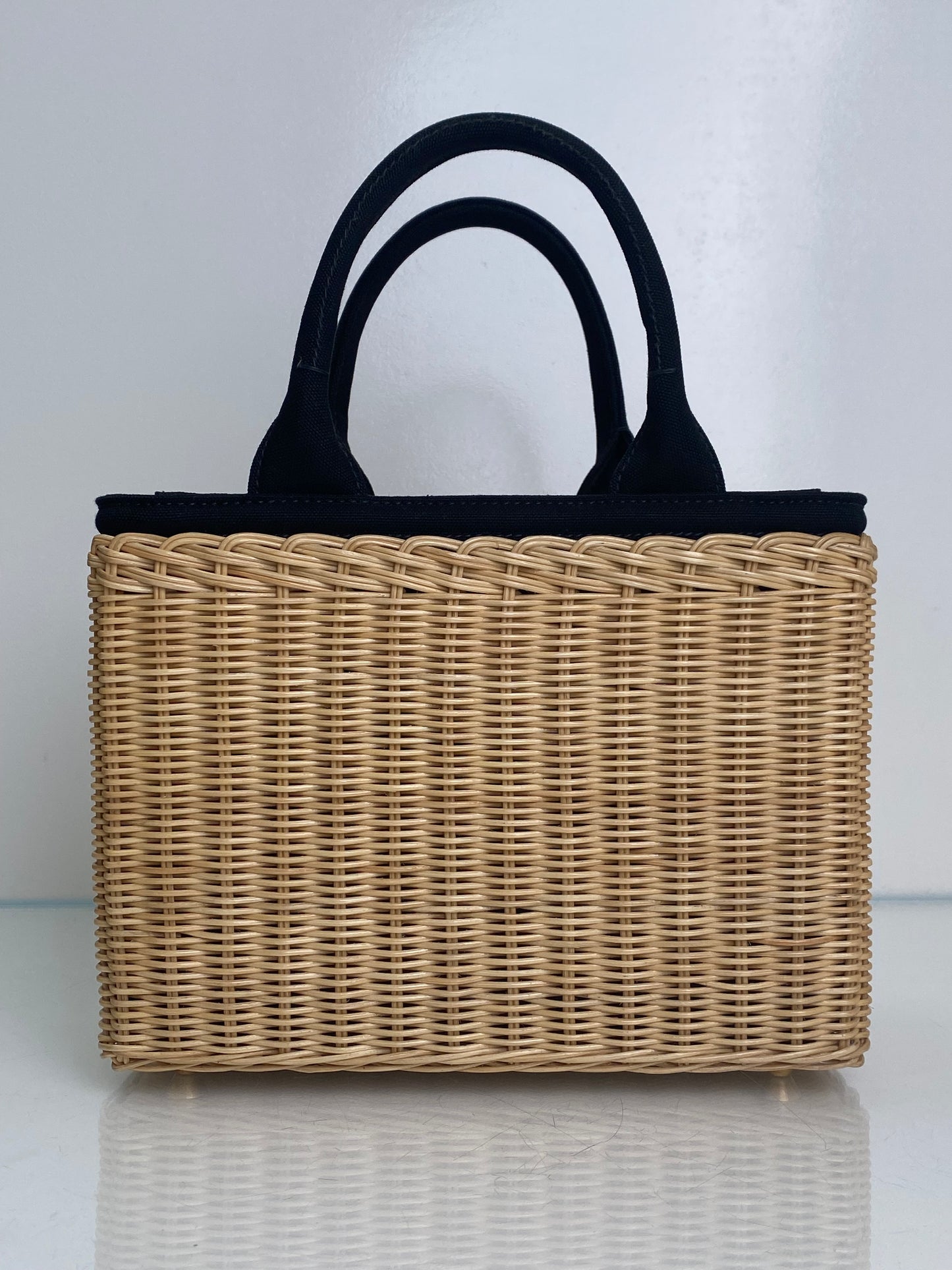 Prada Tan & Black Wicker & Canvas Small Logo Tote Bag GHW