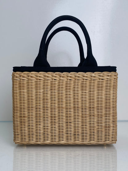 Prada Tan & Black Wicker & Canvas Small Logo Tote Bag GHW