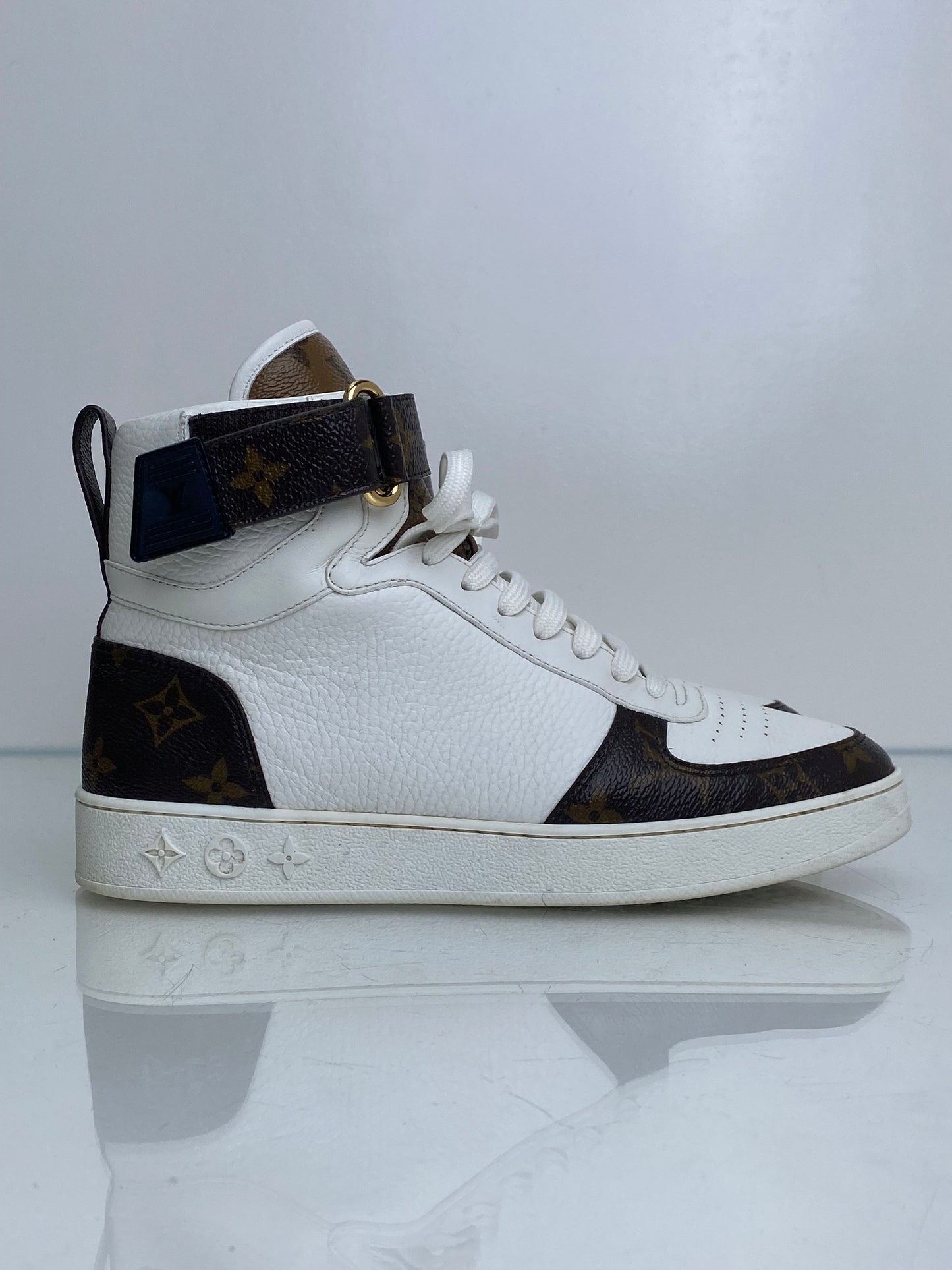 Louis Vuitton White, Monogram, & Reverse Monogram Boombox Sneakers, 38