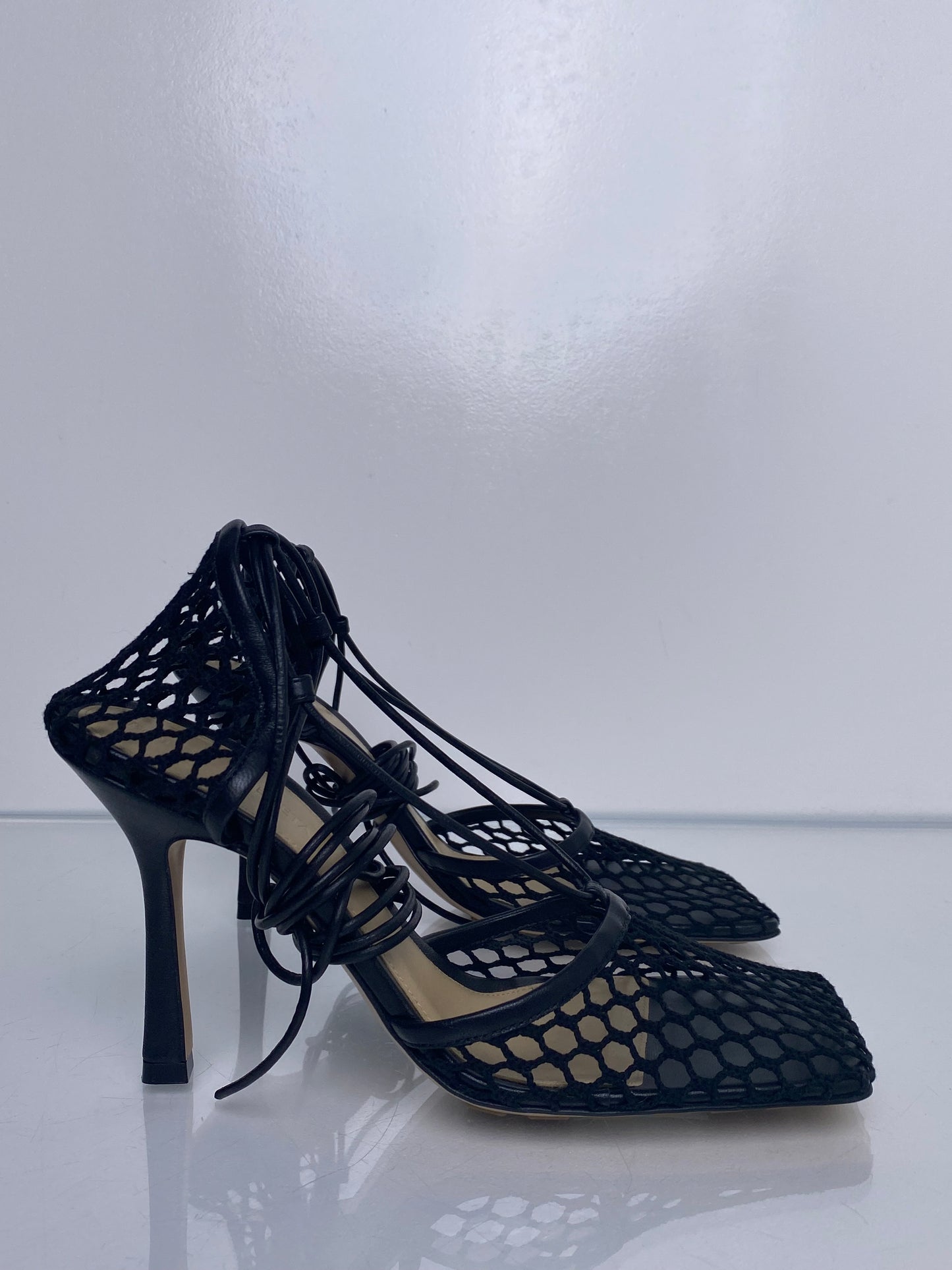 Bottega Veneta Black Mesh Wrap Heels, 38.5