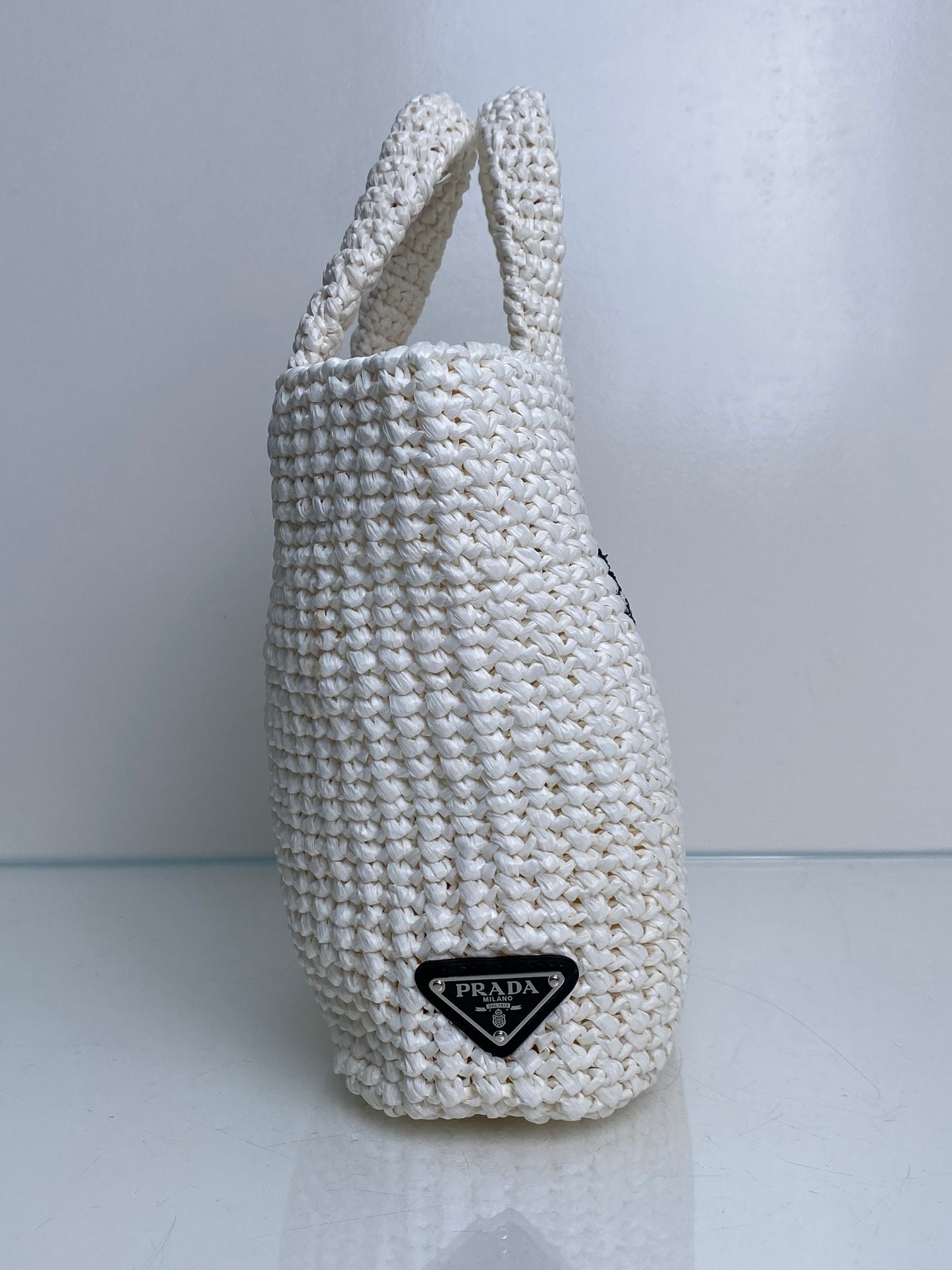 Prada White Logo Crochet Small Tote Bag