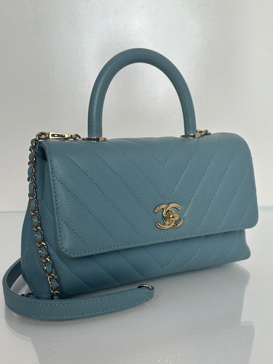 Chanel Blue Caviar Chevron Coco Tophandle Bag GHW