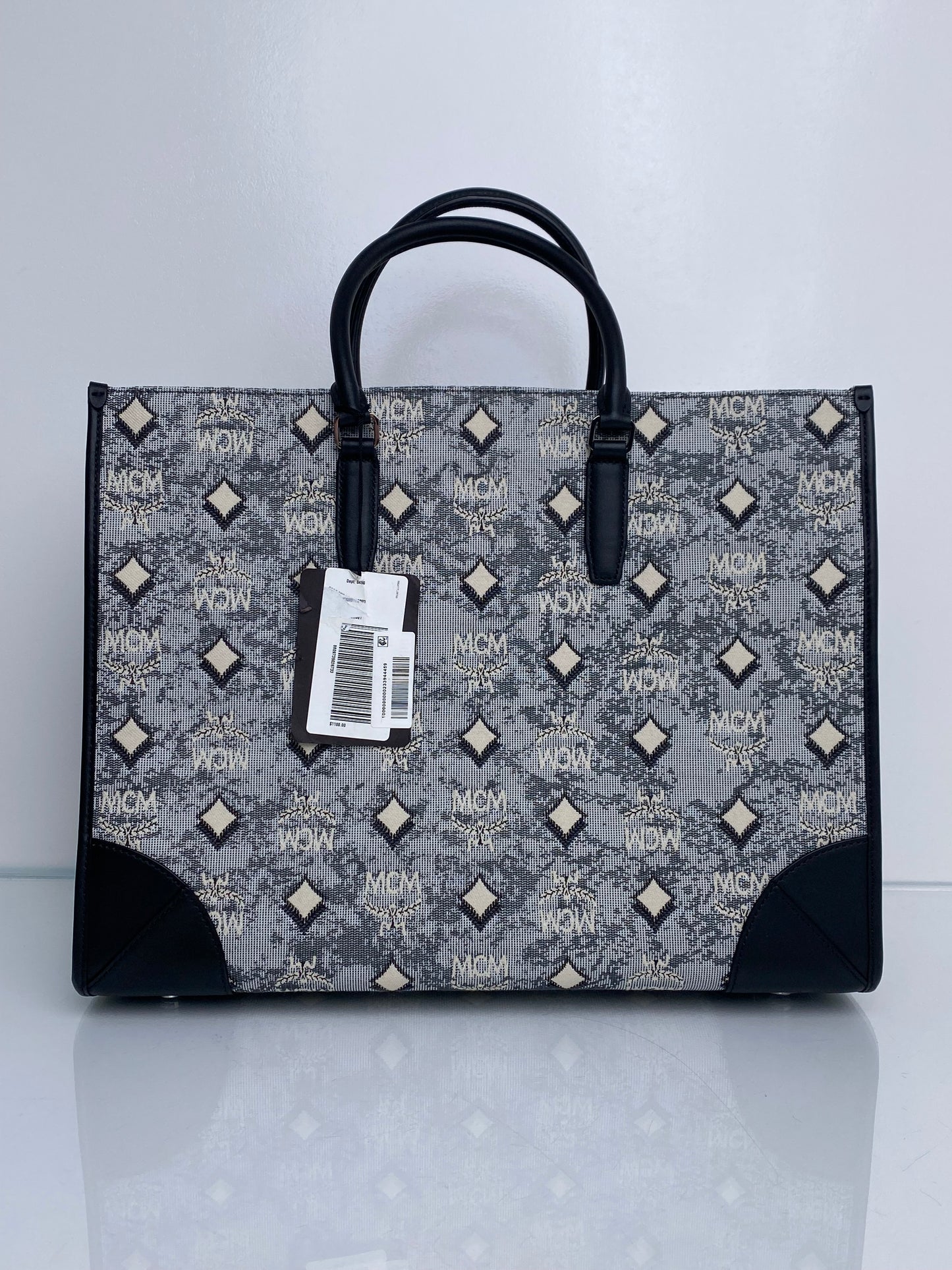 MCM Munchen Black & White Canvas Tote Bag