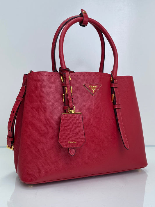 Prada Red Saffiano Cuir Double Tote Bag GHW