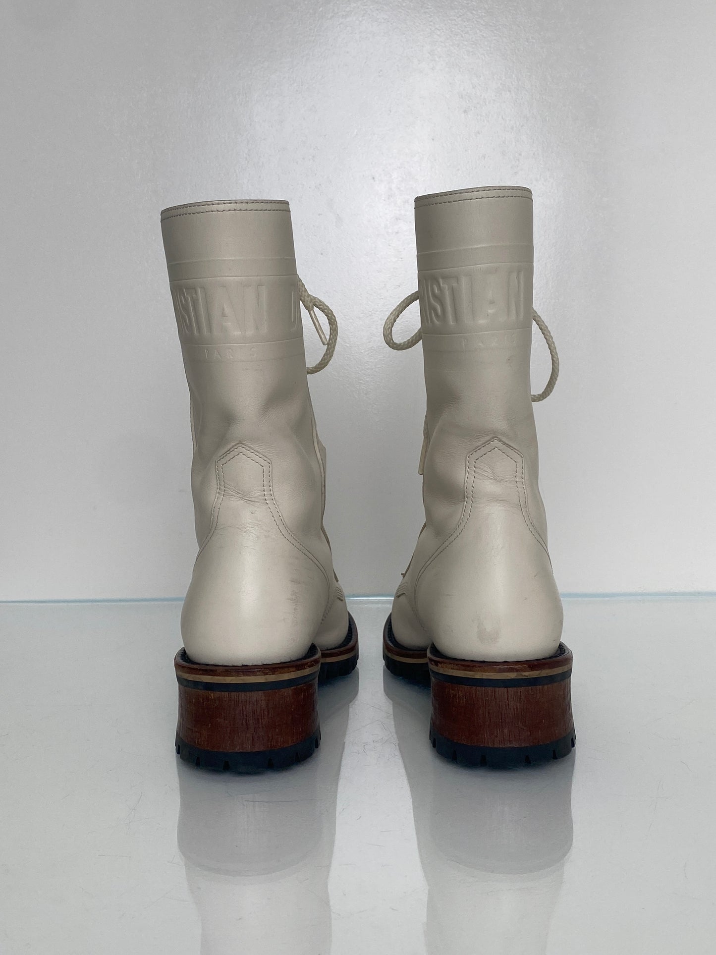 Dior White Logo Leather Combat Boots, 39