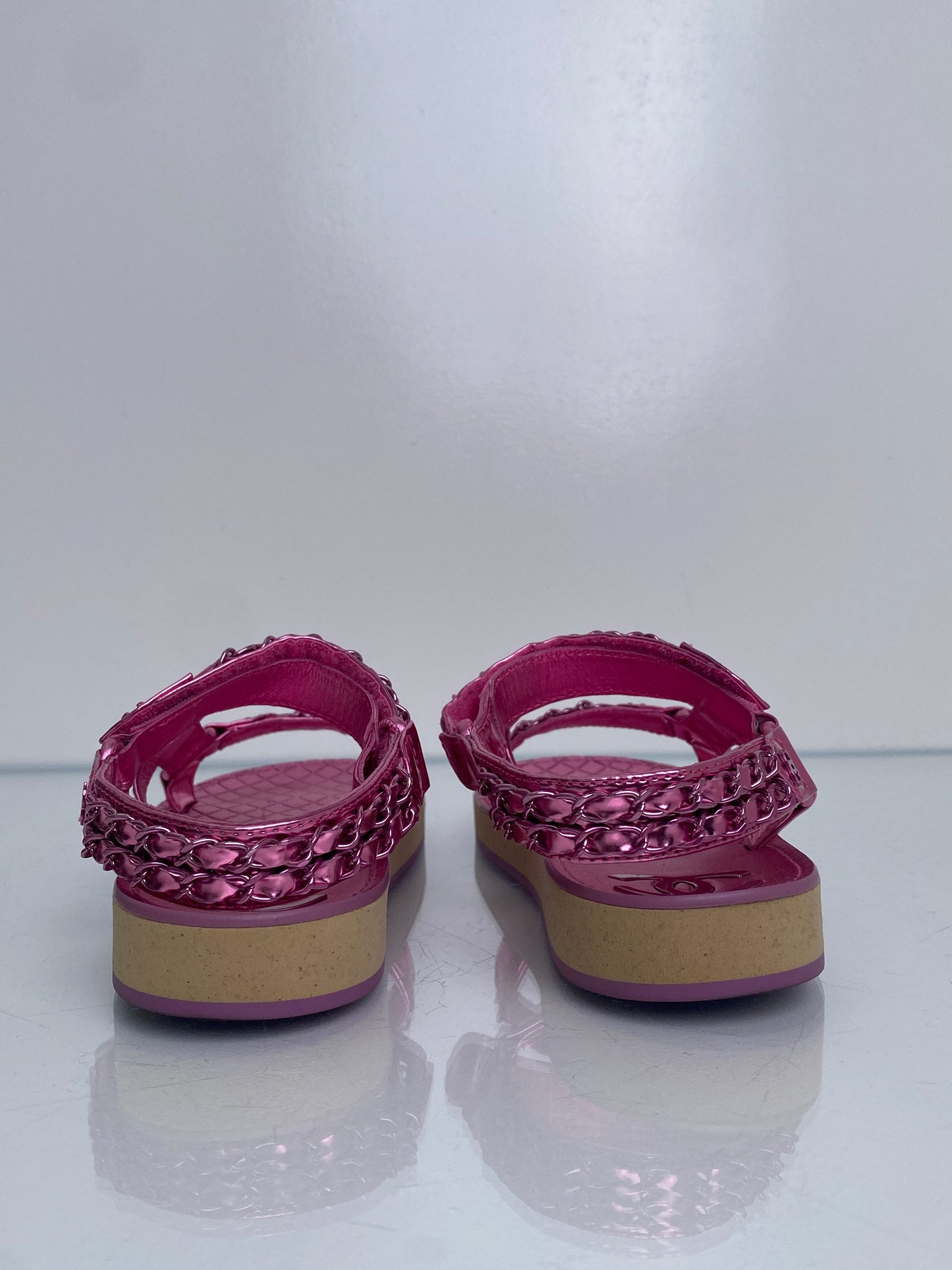 Chanel Pink Metallic Interlocking CC Chain Dad Flat Sandals, 40