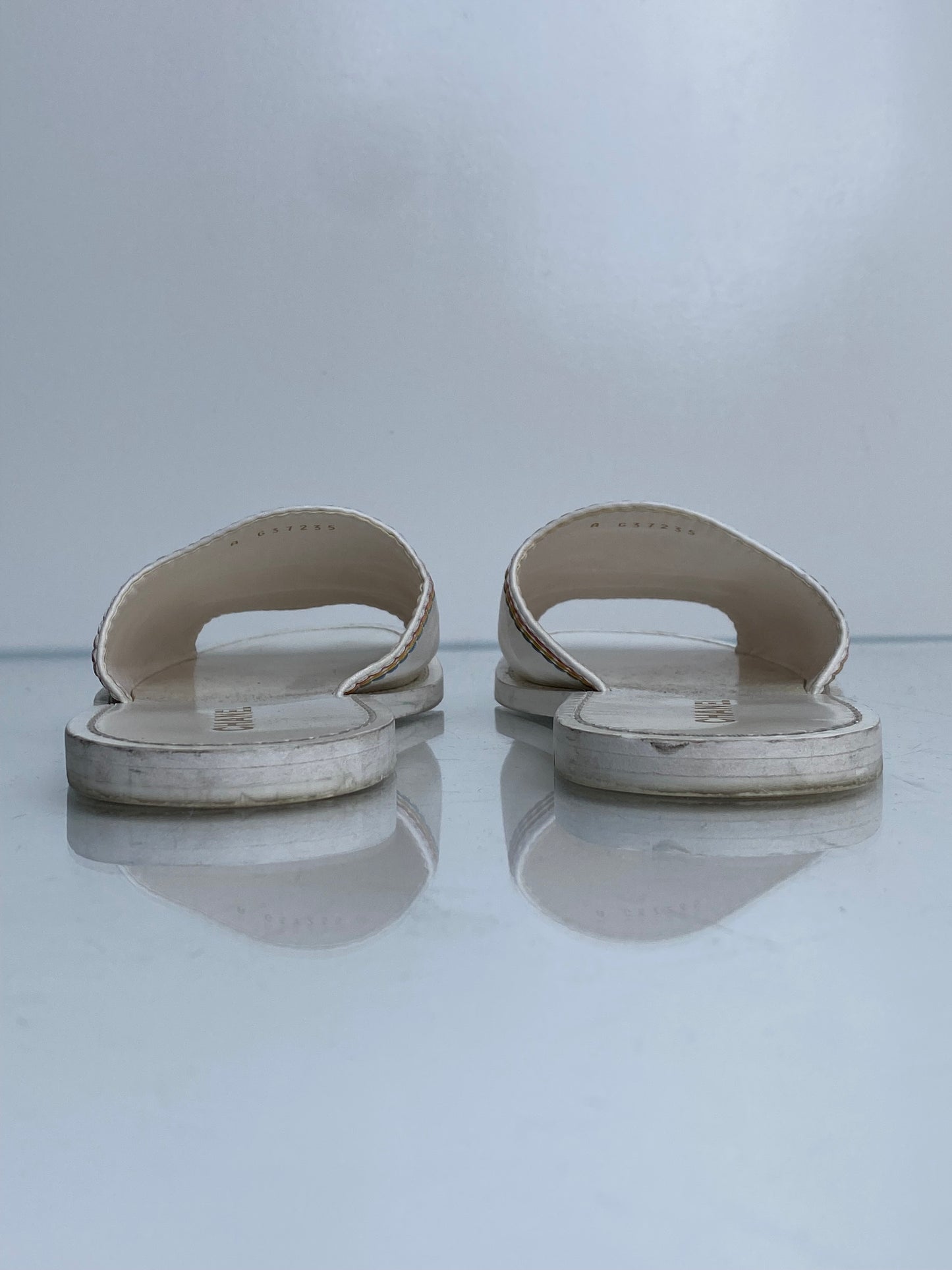 Chanel White & Multicolor Embroidered CC Sandals, 39.5 (As Is)