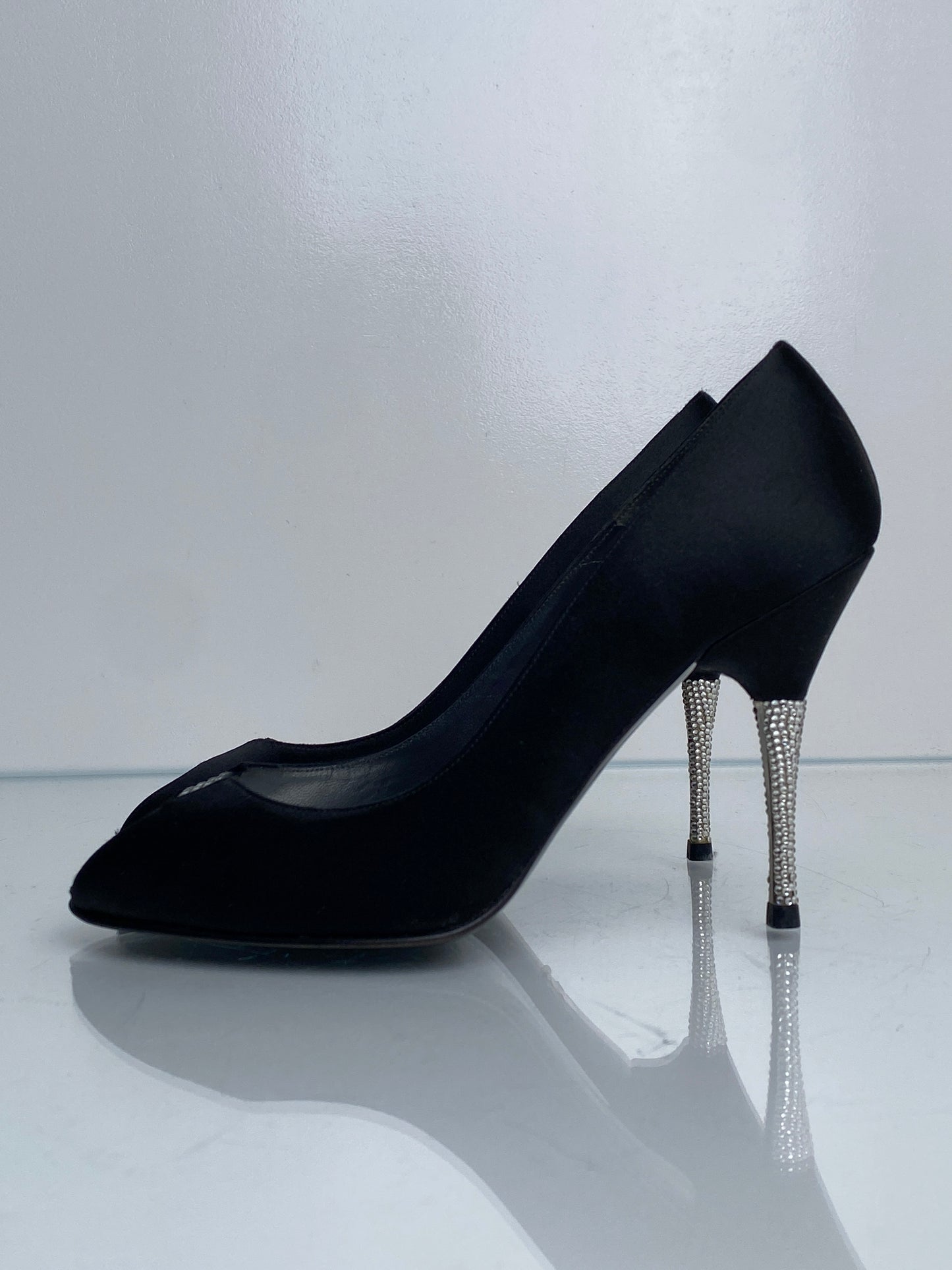Stuart Weitzman Vintage Black Satin & Rhinestone Heels, 8.5