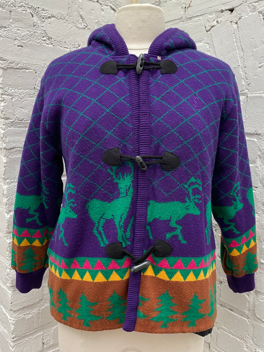 YSL Purple, Green, & Multicolor Deer Pattern Hooded Knit Jacket, EST S/M