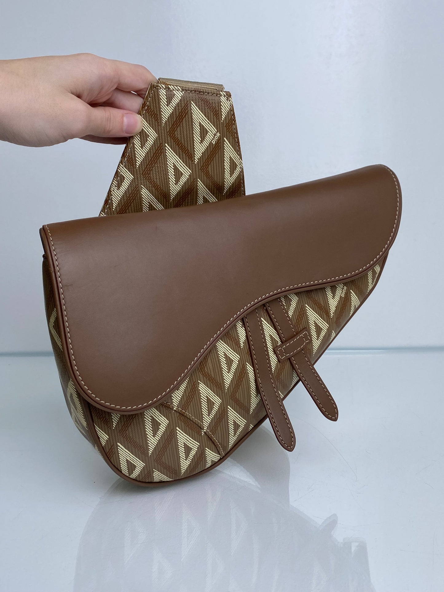 Christian Dior Diamond Logo Canvas Saddle Bag Taupe