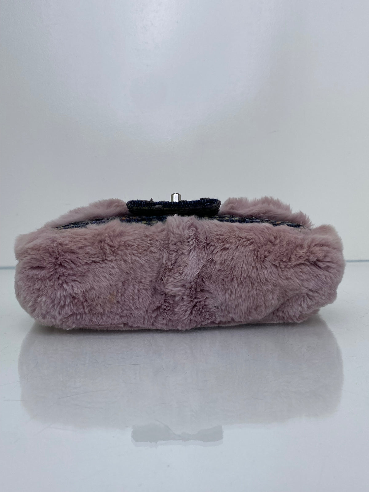 Chanel Pink Rabbit Fur-Trimmed & Blue Tweed Fantasy Flap Shoulder Bag RHW