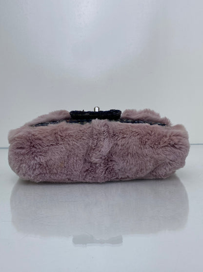Chanel Pink Rabbit Fur-Trimmed & Blue Tweed Fantasy Flap Shoulder Bag RHW