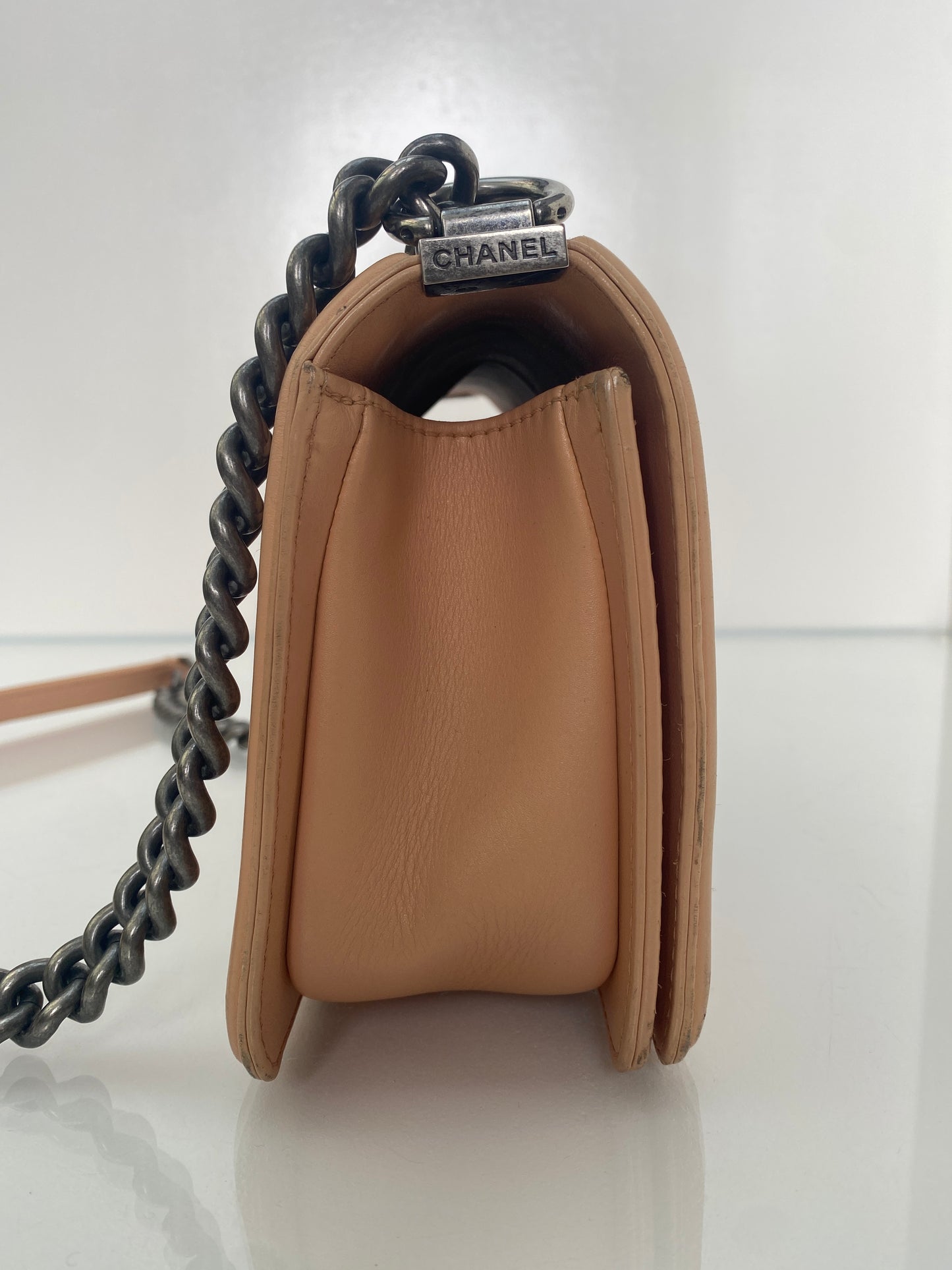 Chanel Medium Boy Bag Beige Stitched Chevron RHW #23