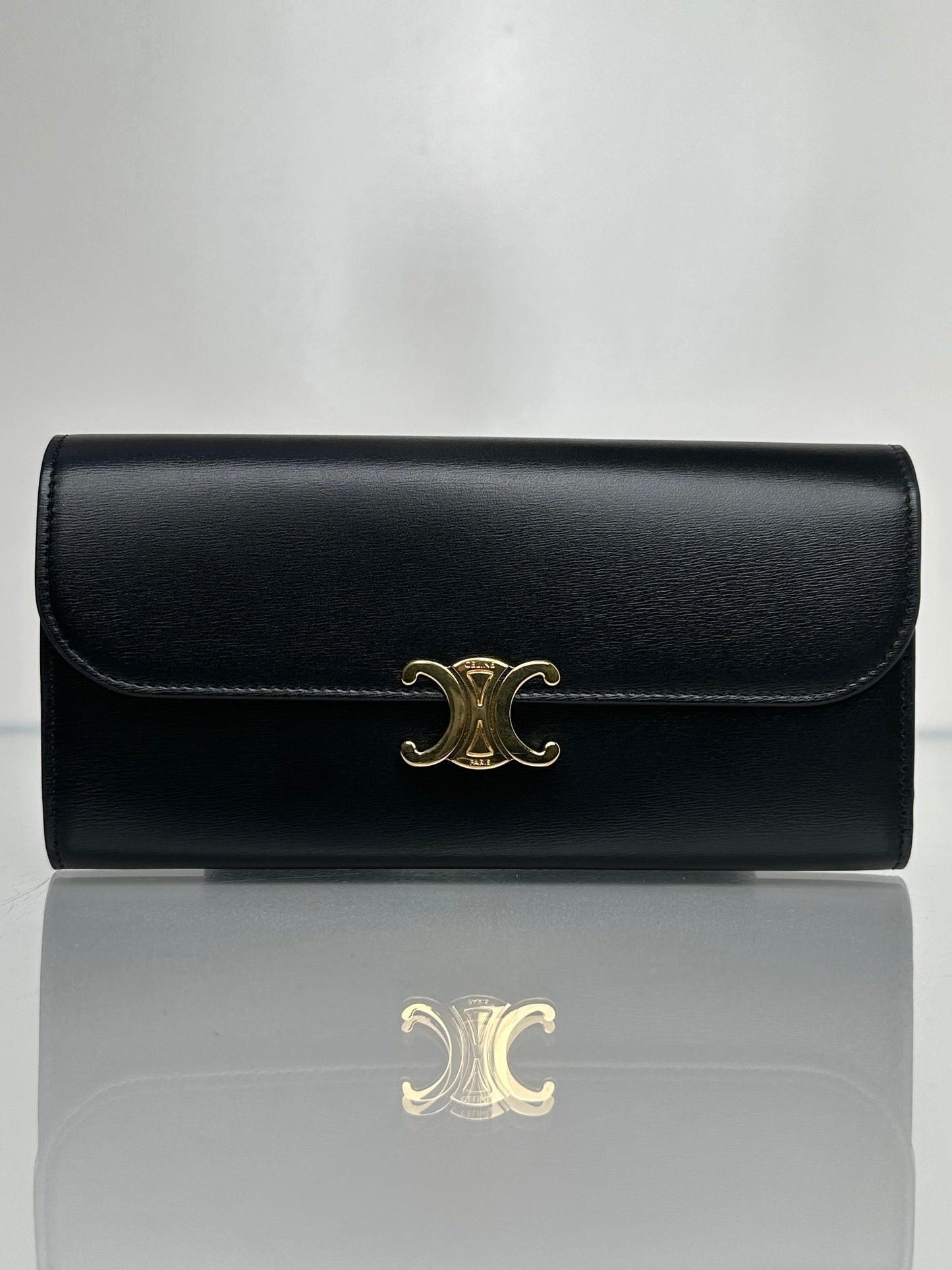 Celine Black Shiny Calfskin Large Triomphe Wallet GHW