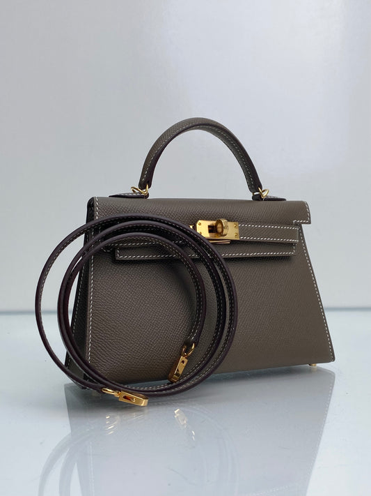 Hermes Mini Kelly Etoupe Epsom Sellier GHW #Y