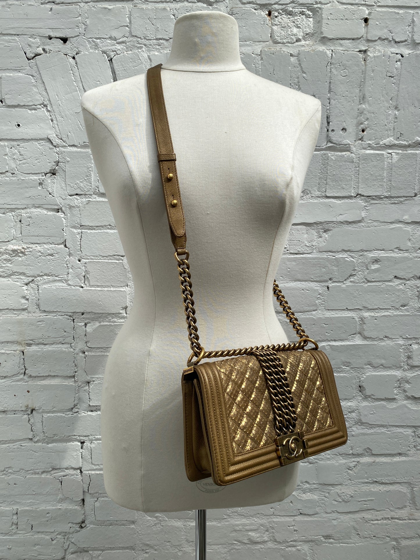 Chanel Gold Snakeskin Embossed Small Chain Boy Flap Bag GHW