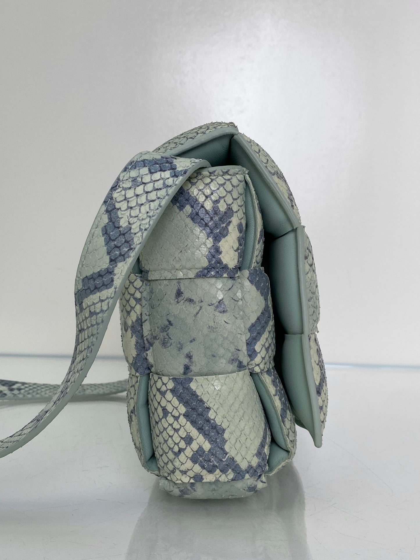 Bottega Veneta Padded Casette Gray & Mint Python Embossed Crossbody Bag SHW