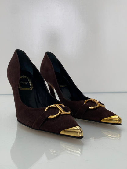 Christian Dior Chocolate Brown Suede CD Logo Twist Heels, 37.5