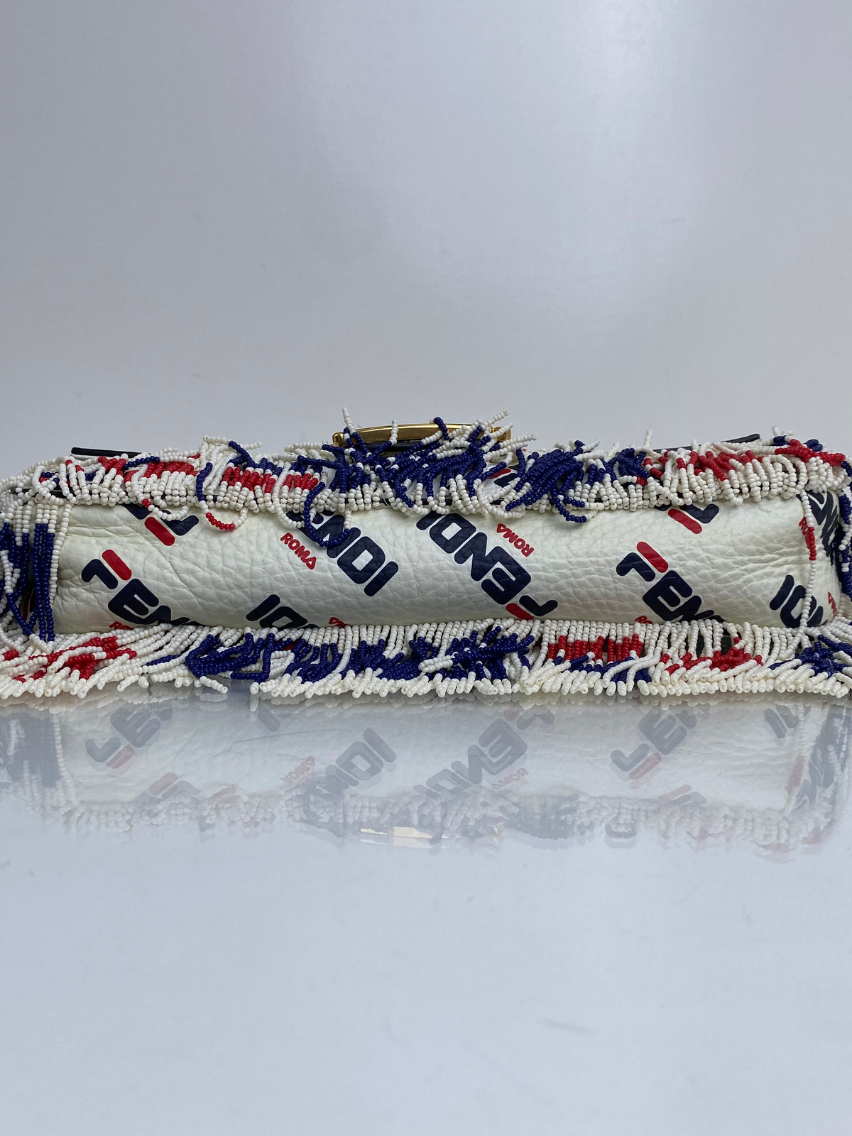 Fendi X Fila Red, White, & Blue Beaded Fringe Mania Baguette Bag GHW
