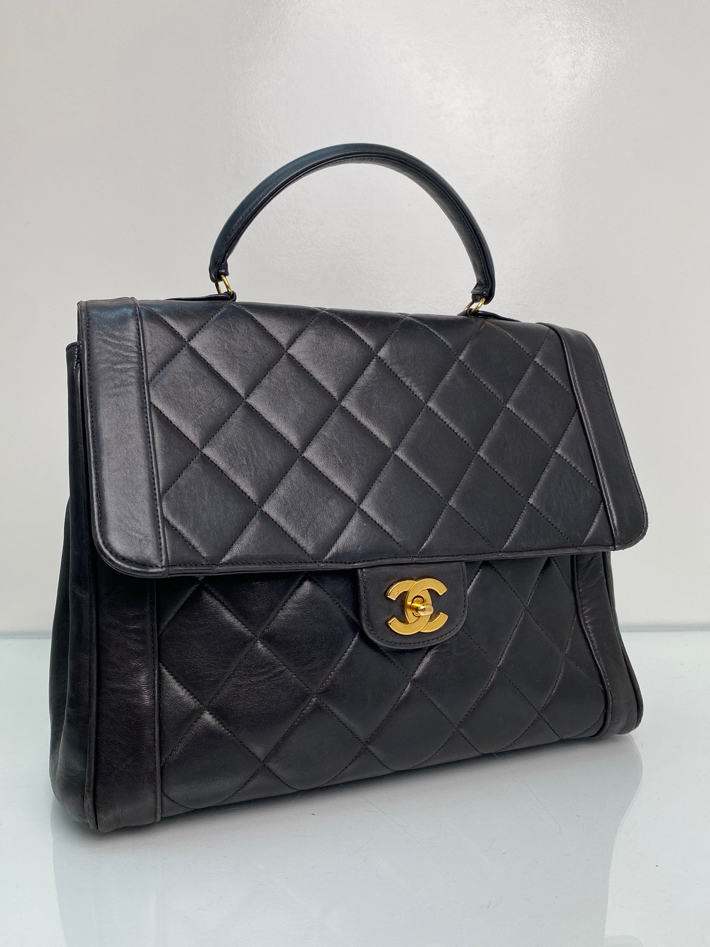 Chanel Black Lambskin Vintage Kelly Top Handle Bag GHW