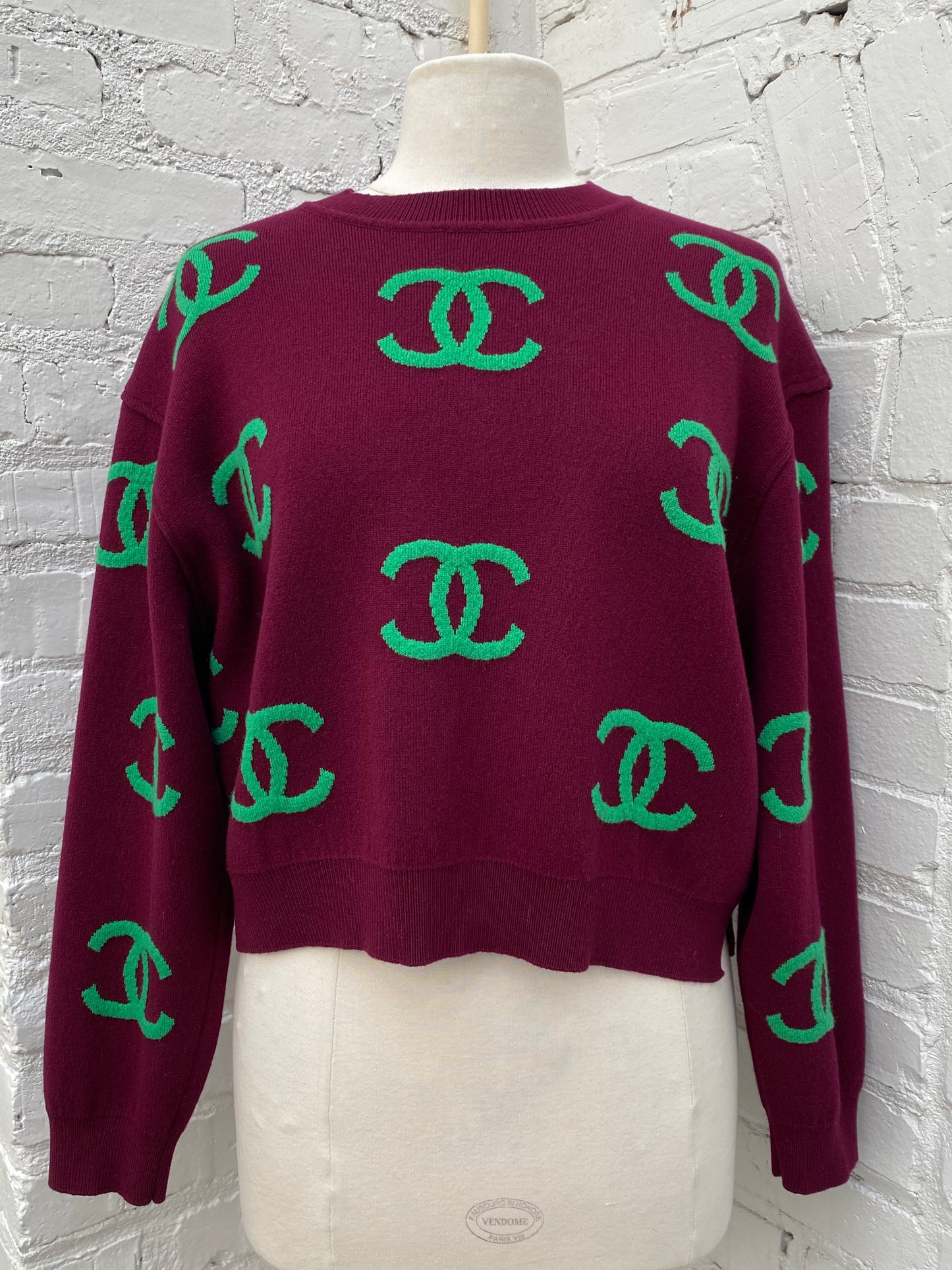 Chanel Burgundy/Green CC Logo Sweater, 42
