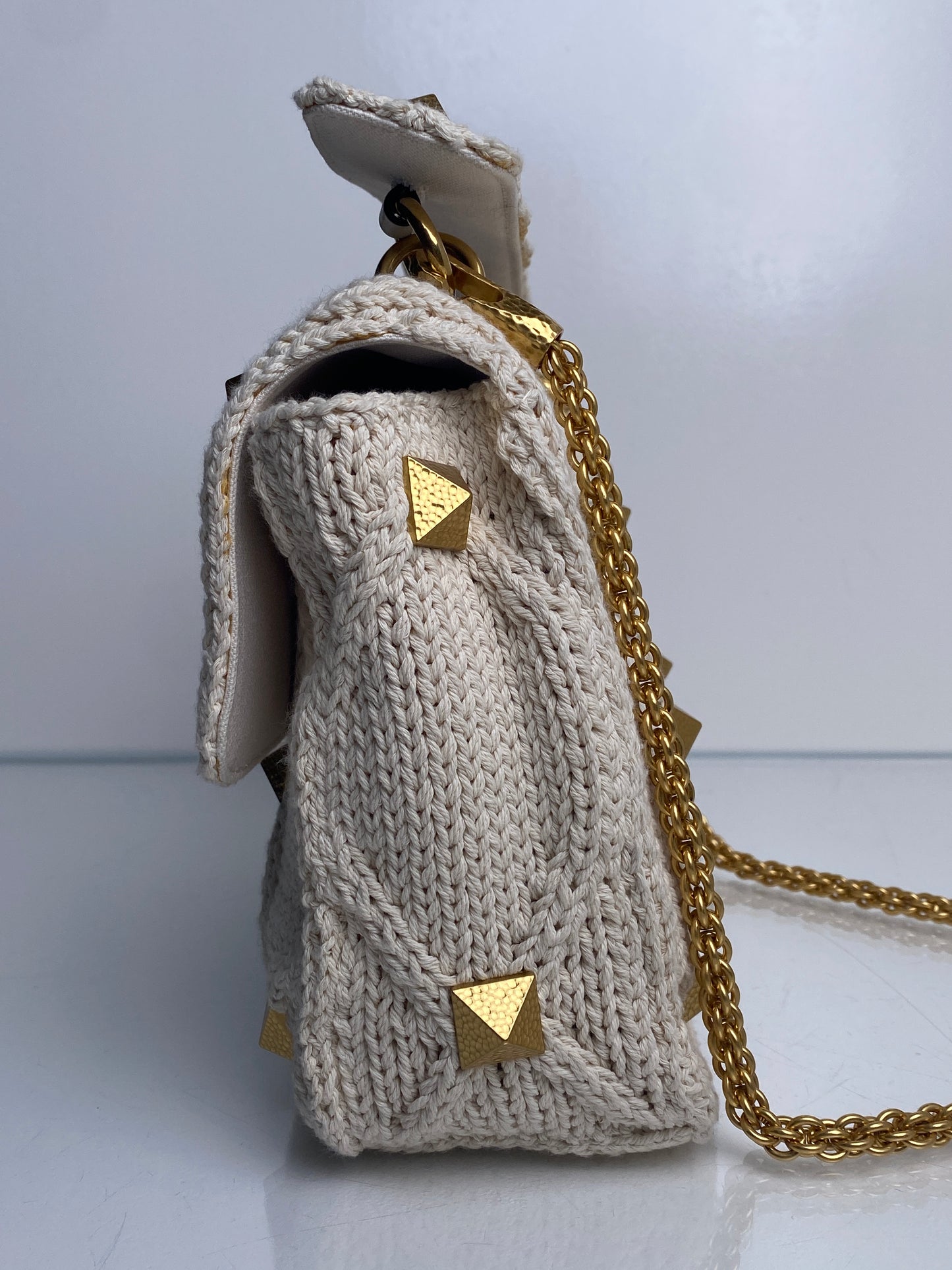 Valentino Cream Knit Roman Stud Medium Bag GHW